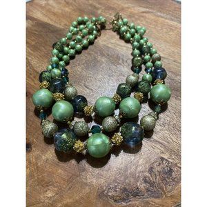 Deauville Triple Strand Bead Choker Vintage Necklace Green Gold Rhinestone